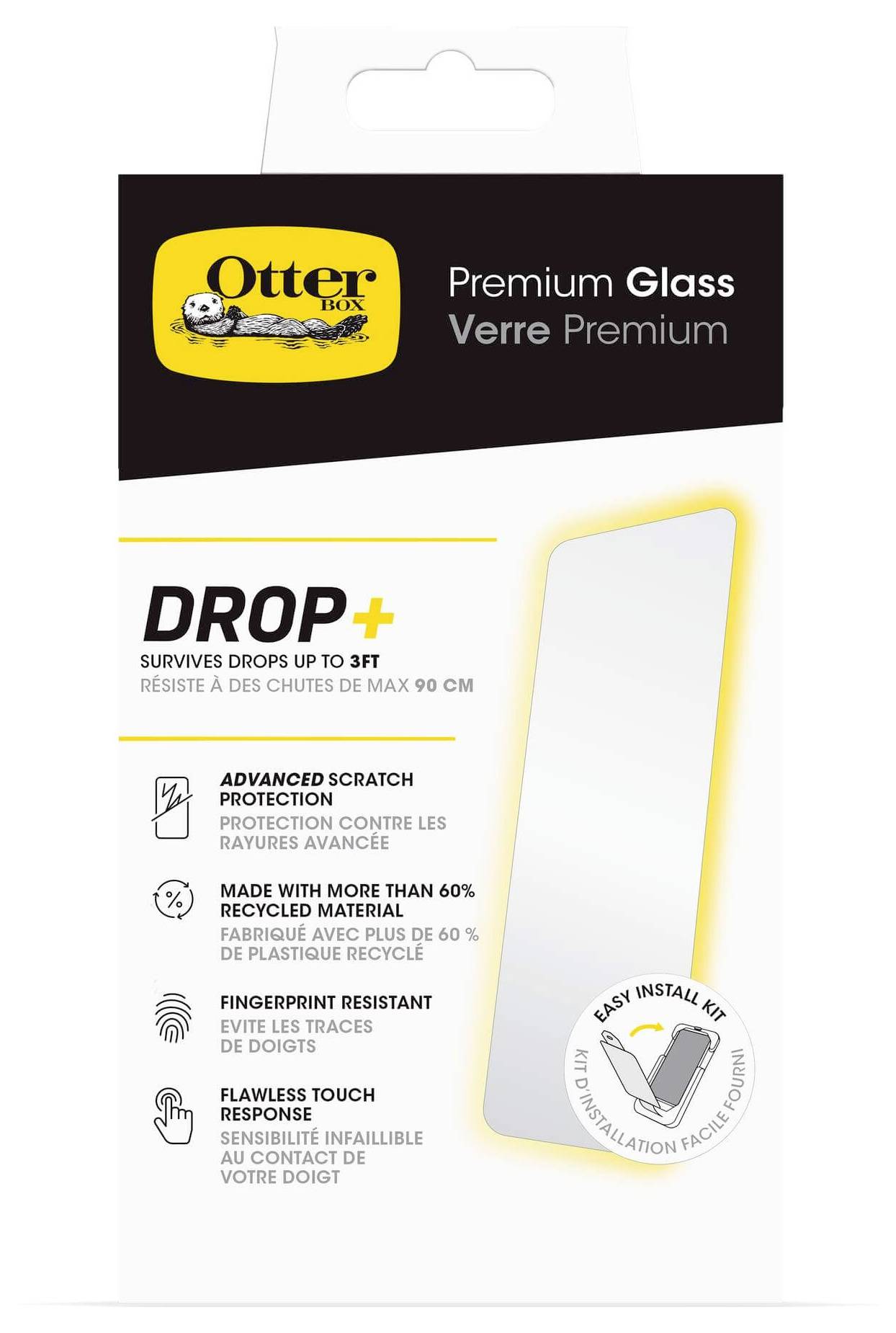 'Packaging for a premium glass display protector by OtterBox with drop protection, over 60% recycled material, and touch protection.'
