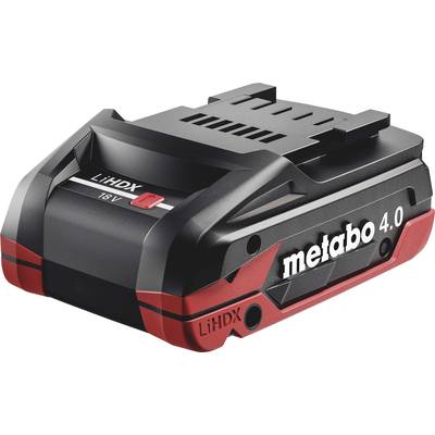 'Metabo LiHD 18V battery pack, black-red, with 4.0 Ah capacity and performance indicator, suitable for power tools.'