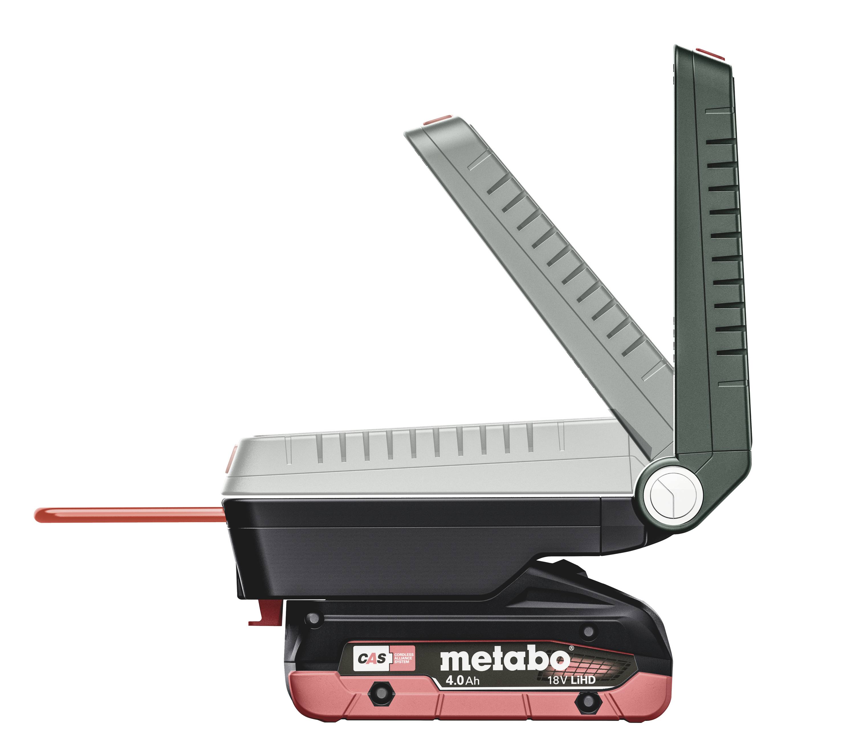 A portable charger with a hinged top lid and built-in battery, suitable for tools; Brand 'Metabo', 18V, 4.0 Ah.