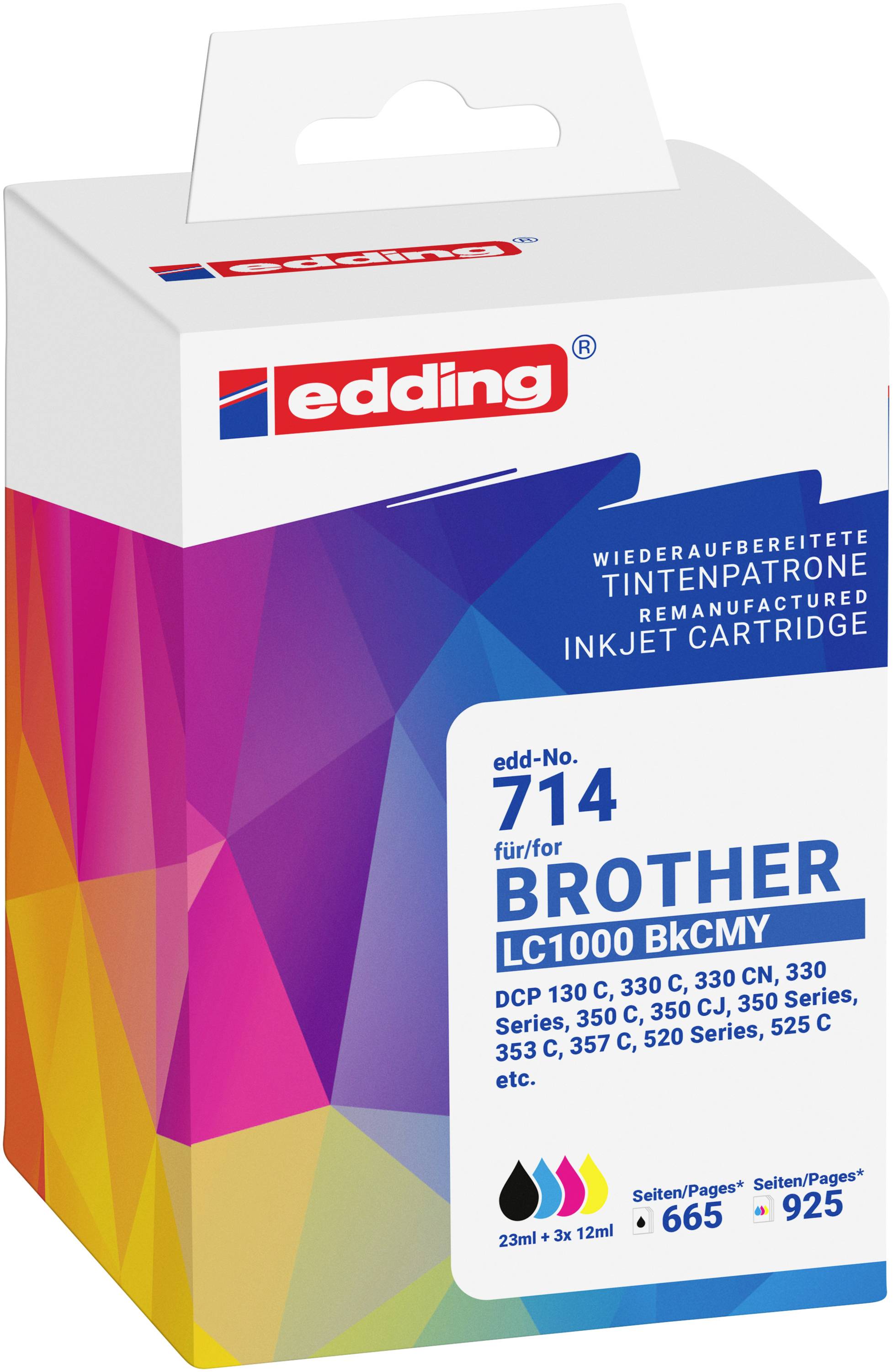 Edding remanufactured inkjet cartridge box, edd-No. 714 for Brother LC1000 BKCMY printers, showing compatibility and page yield icons.