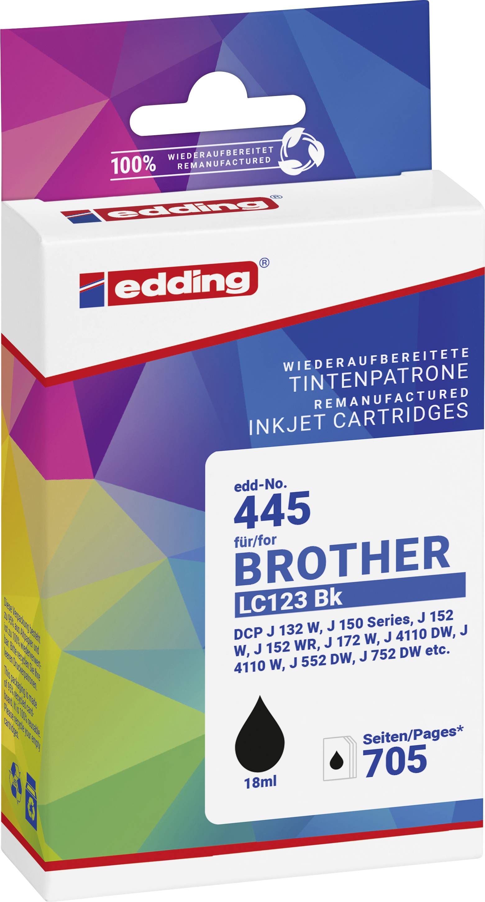 'edding' Ink Cartridge for Brother Printers LC123 Bk, Black, 18 ml, suitable for DCP and MFC models, 705 page yield.