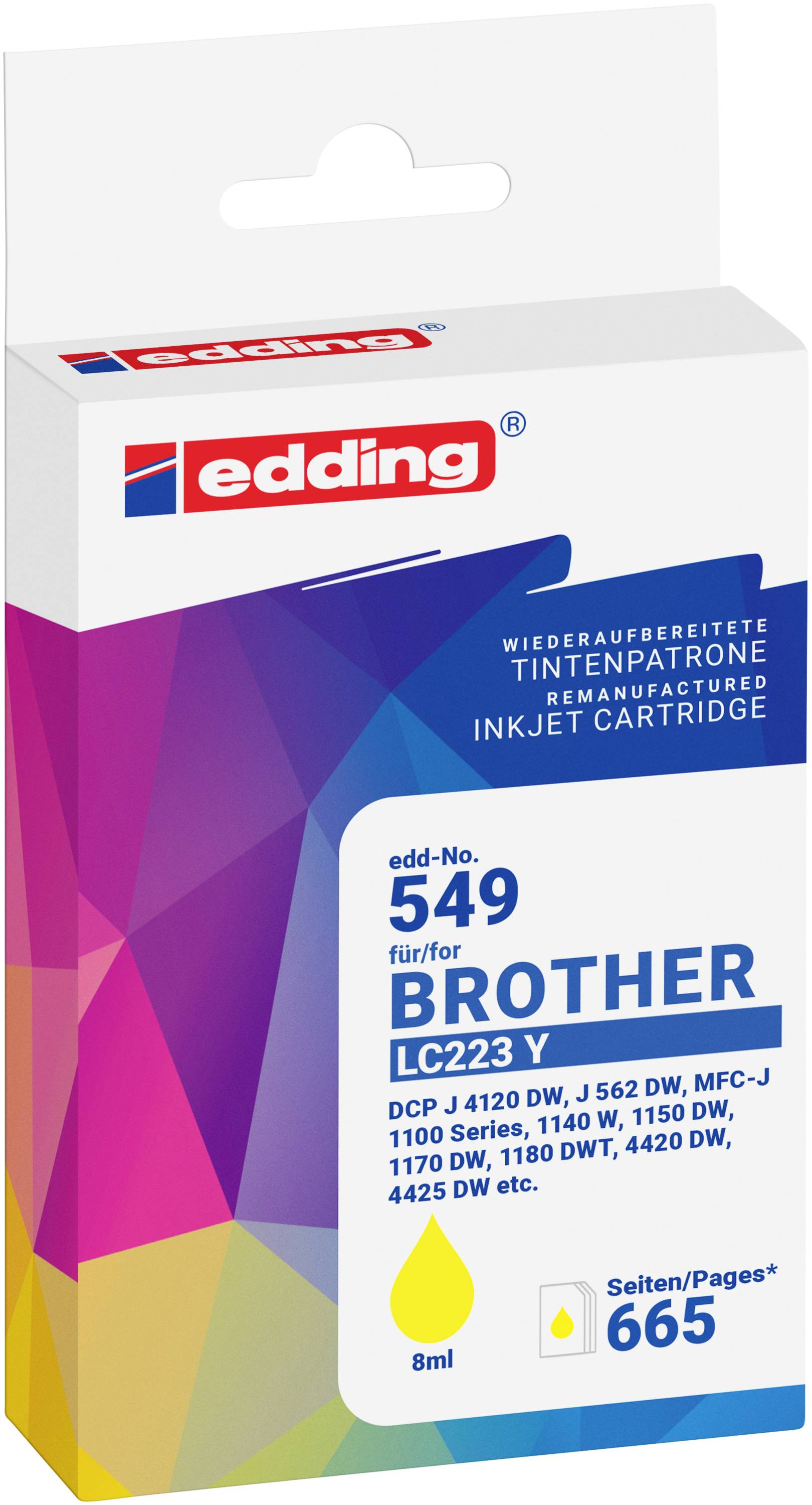 Edding remanufactured inkjet cartridge box for Brother LC223Y, yellow, 8 ml, 665 pages, compatible with several Brother printer models.