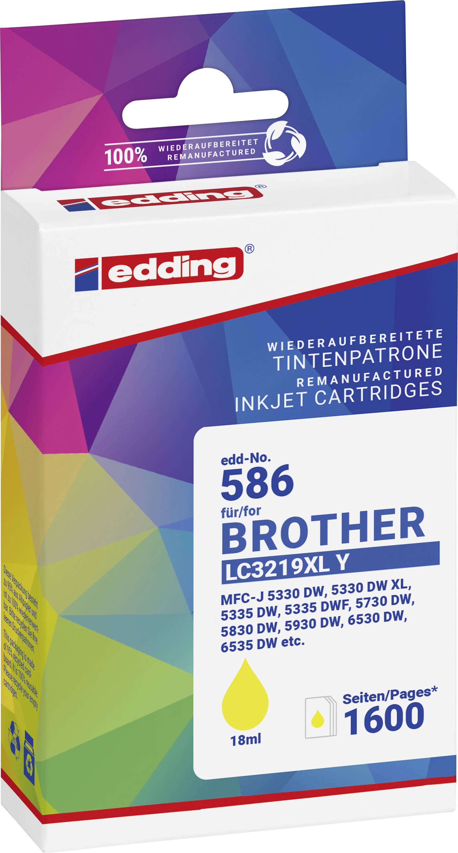 Packaging for a remanufactured ink cartridge by Edding, Model 586 for Brother LC3219XLY. Yellow, 1600 pages, 18 ml.