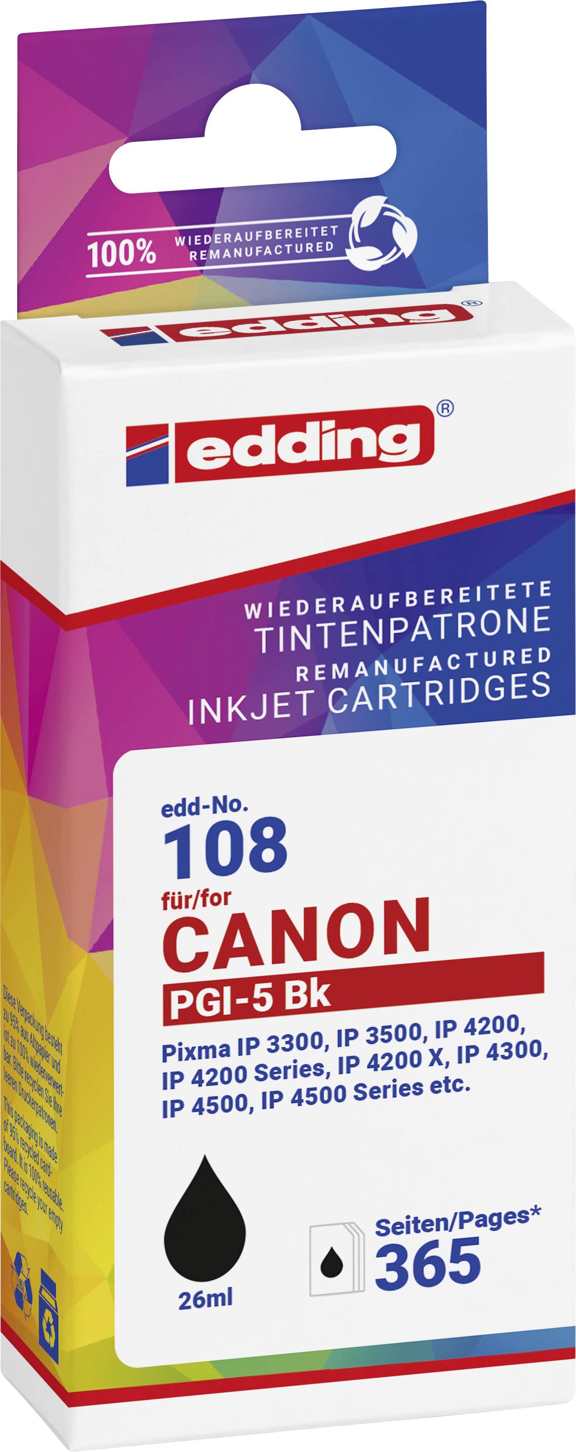 Edding Ink cartridge replaced Canon PGI-5BK Compatible Black EDD-108 18-108-01