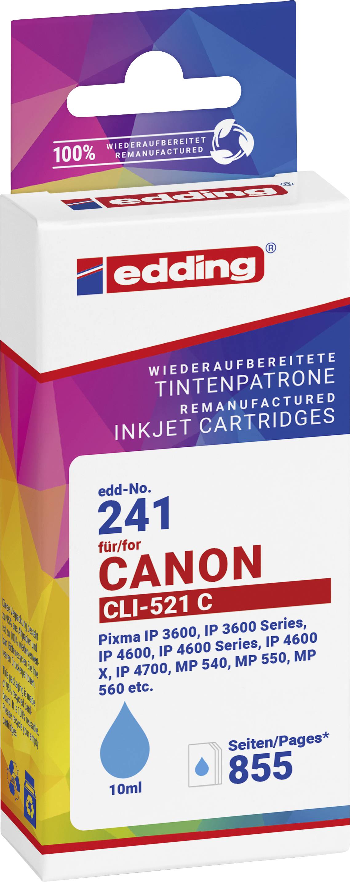 Edding Ink cartridge replaced Canon CLI-521C Compatible Cyan EDD-241 18-241-01