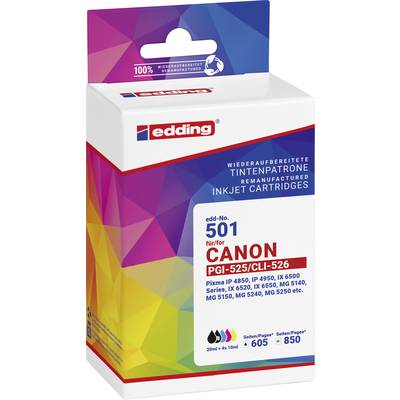 Pack of remanufactured ink cartridges for Edding, compatible with Canon PGI-525/CLI-526, showing model number and colours.