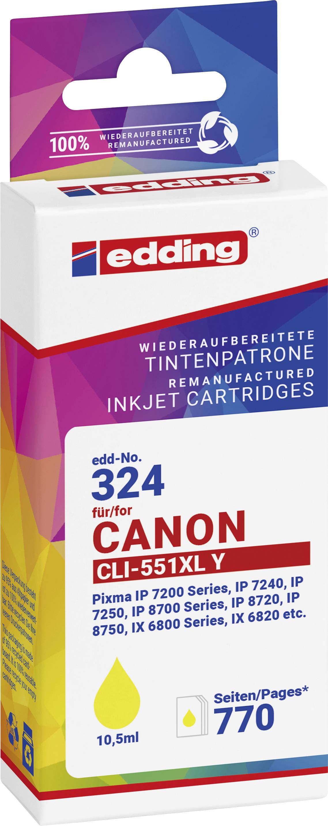 Edding Ink cartridge replaced Canon CLI-551XL Compatible Yellow EDD-324 18-324-01
