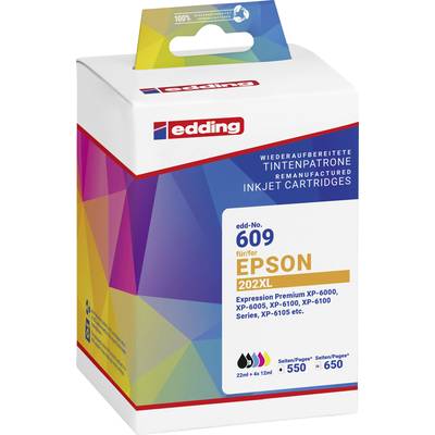 Edding Ink Cartridge 609 for Epson 202XL, compatible with Expression Premium XP-6000, XP-6005, XP-6100, XP-6105. 22 ml + 6 x 12 ml. Printing/Pages: 550, 650.