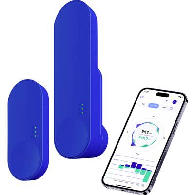 A blue smart home device with two sensors beside a smartphone displaying an app with diagrams and energy monitoring data.