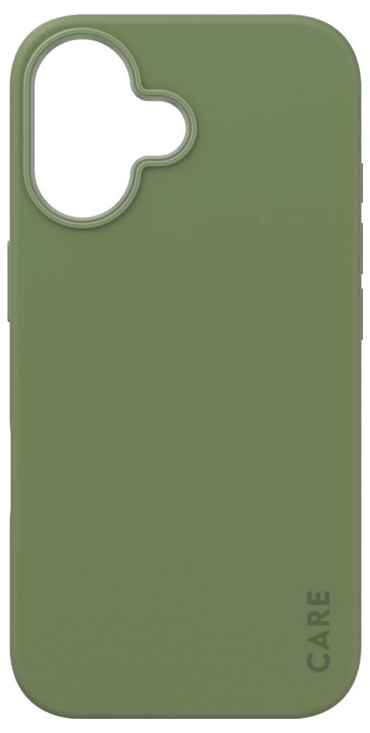A green smartphone case with a heart-shaped design around the camera opening and the text 'CARE' at the bottom edge.