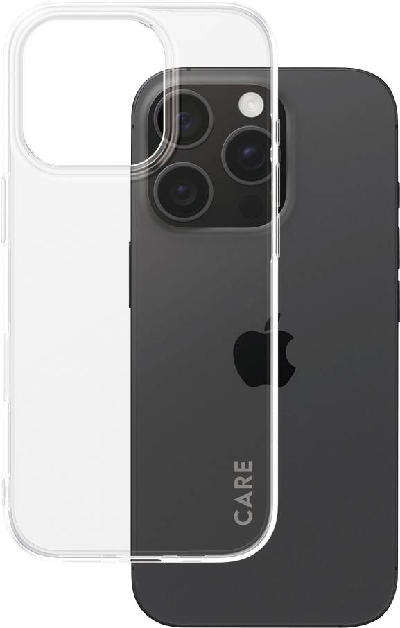 A black smartphone with a camera on the back and a transparent protective case.