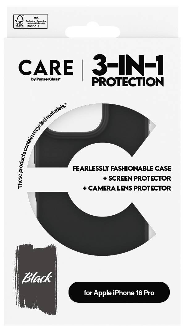 Packaging for 3-in-1 protective set by PanzerGlass for iPhone 16 Pro. Contains case, screen protector and camera lens protector made from recycled materials.