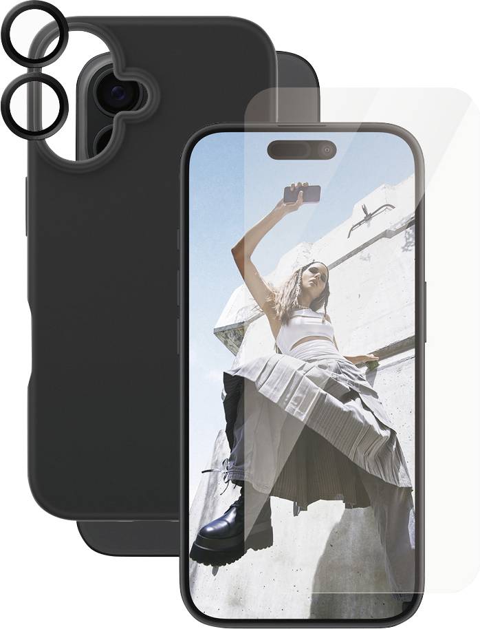 Young woman taking a selfie while standing on a concrete step, with a blue sky in the background. Mobile phone case and protective film shown as products.
