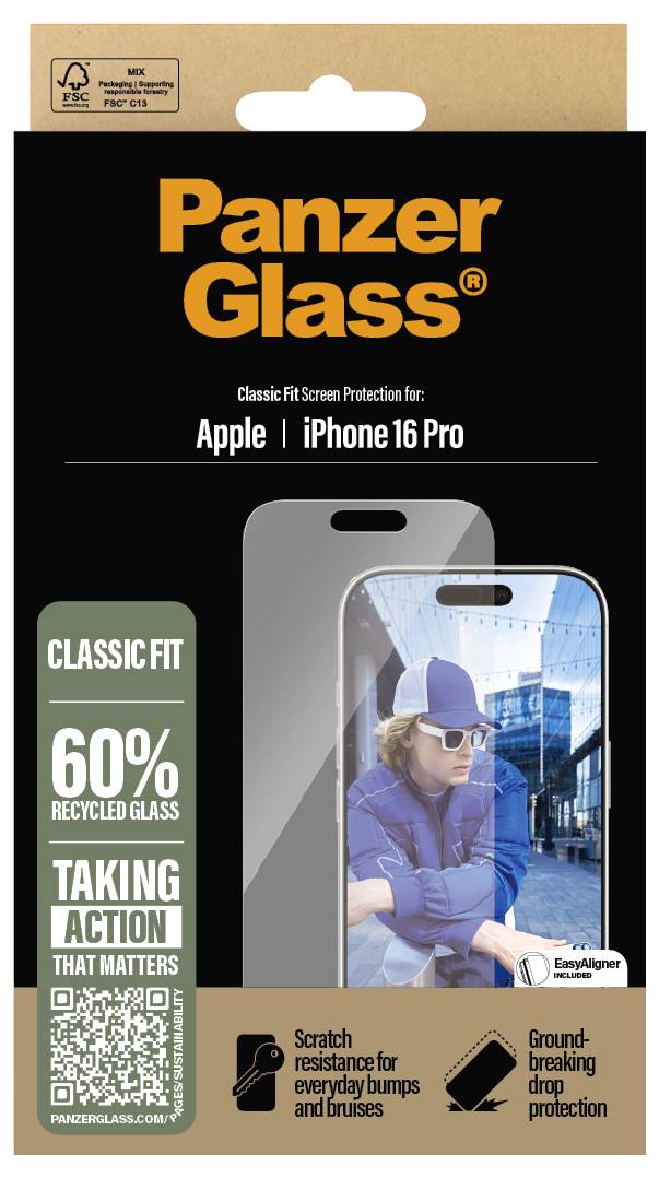 Packaging for a tempered glass screen protector for Apple iPhone 16 Pro, emphasising scratch resistance and 60% recycled glass.