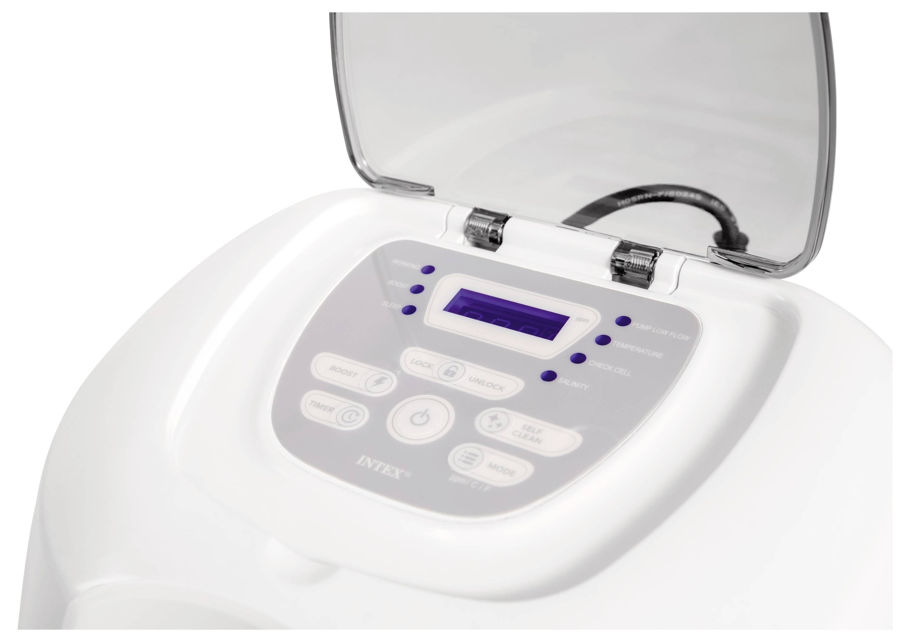 White control panel of a pool cleaner with buttons for various functions and a digital display under a transparent cover.