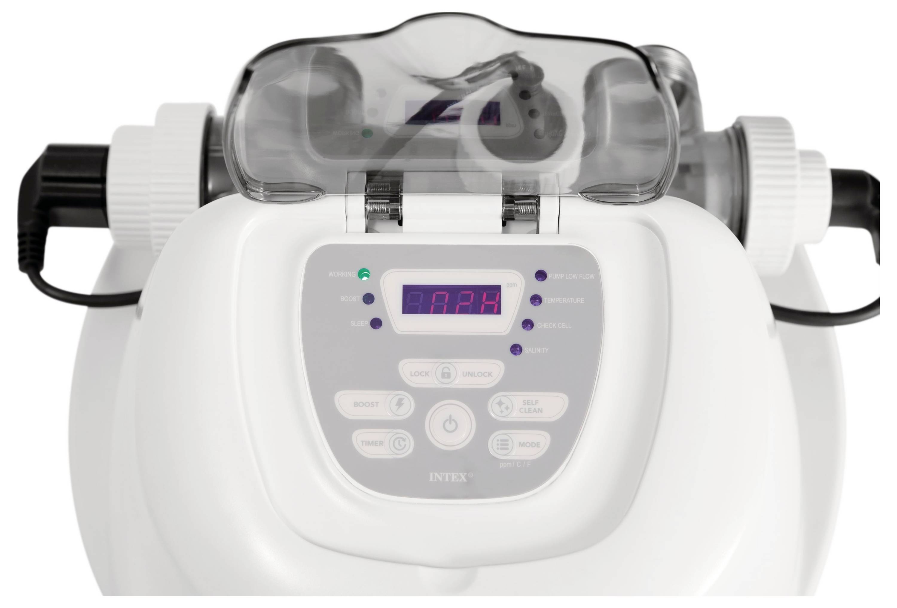 Electronic panel of a pool cleaning device with display and control buttons, showing '12H' to signal the operational status.