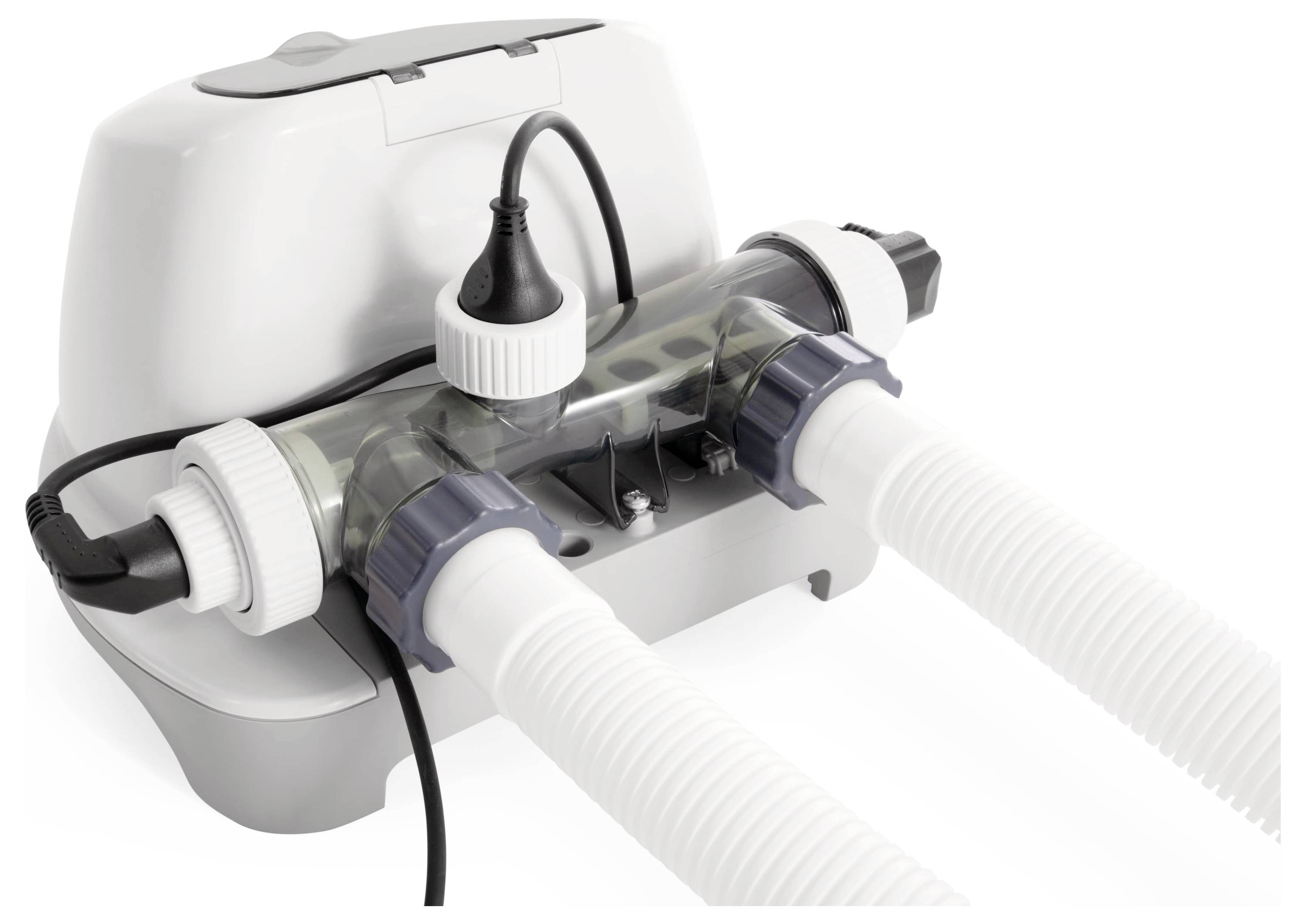 A white-grey pool filtration system with two connected hoses and electrical connections. Main device in the background.