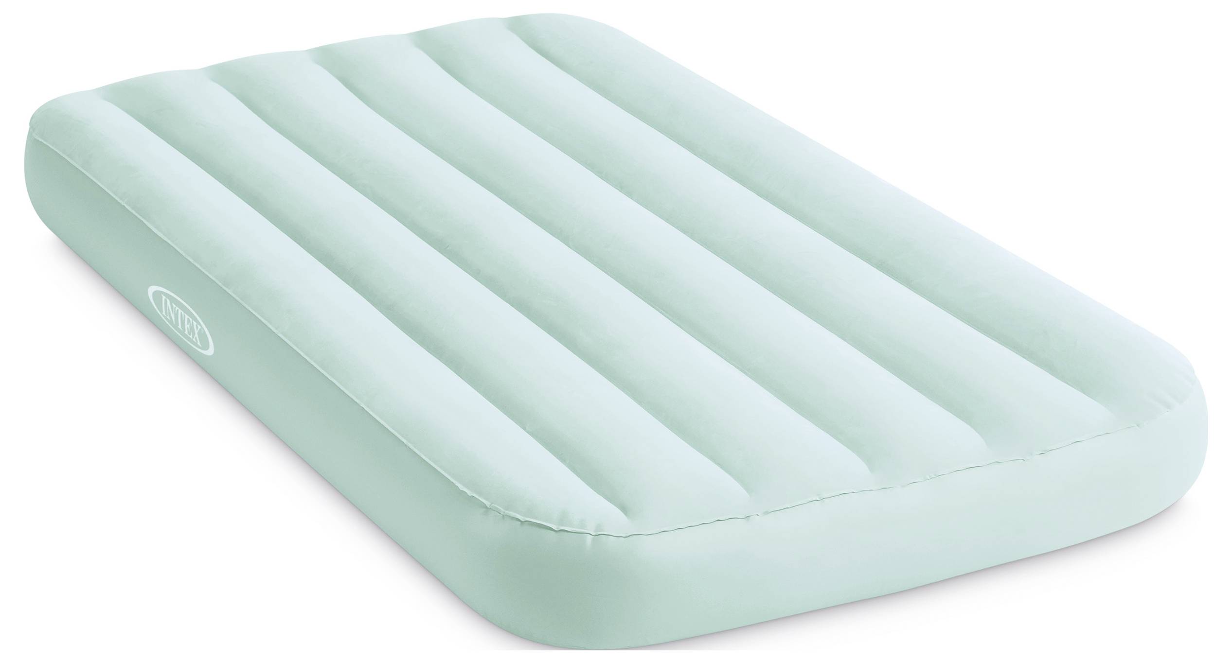 Single inflatable mattress in a light mint green, rectangular with ridges, suitable for camping or guests.