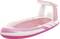 Inflatable pink and white boat with a sun canopy, suitable for leisure water activities.