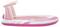 Inflatable, pink boat with a sun canopy, suitable for leisure activities on the water.