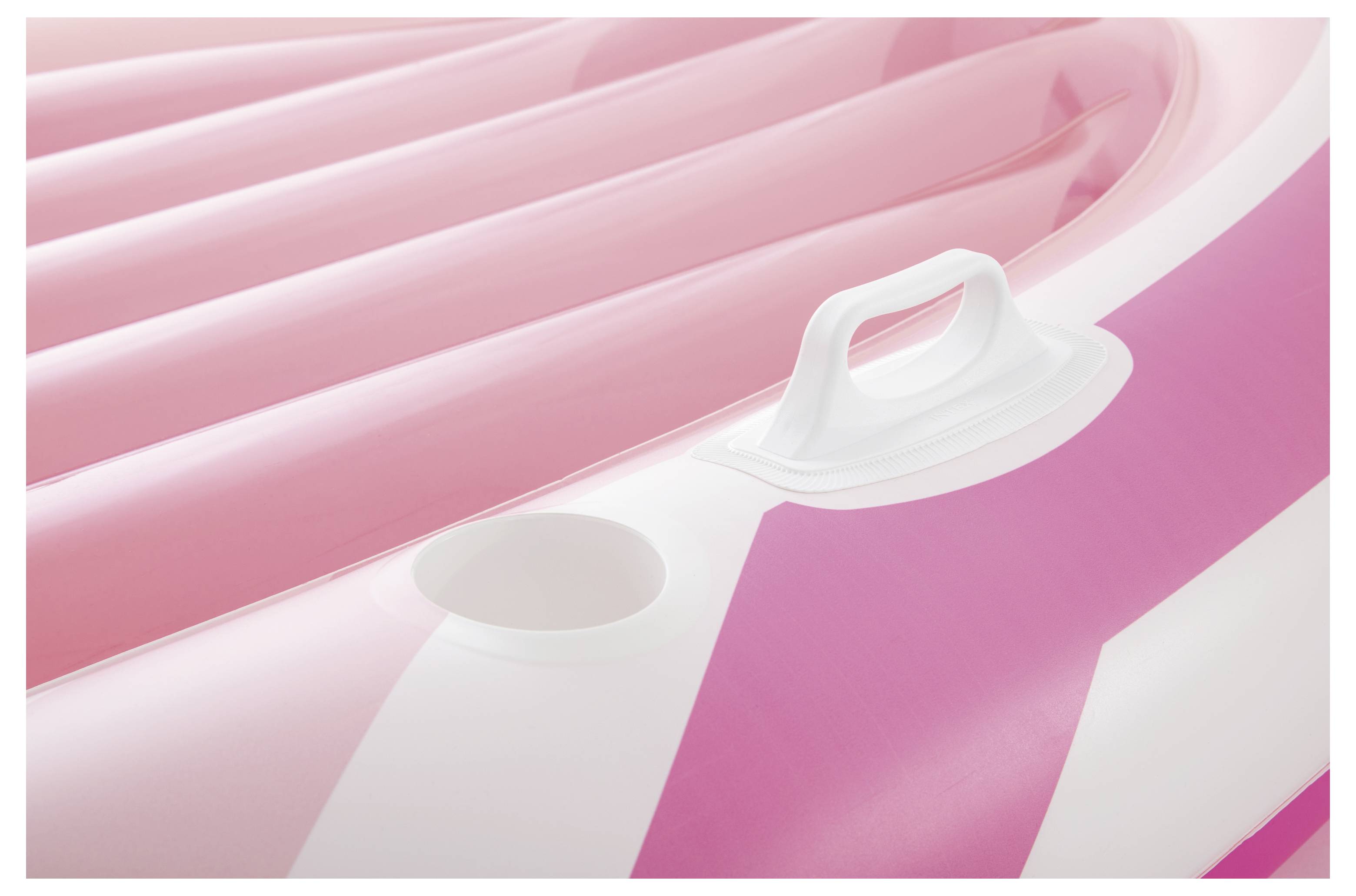 Close-up of a pink and white inflatable swim ring with a handle. The swim ring has a striped pattern and a cup holder.