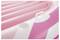 Close-up of a pink and white inflatable swim ring with a handle. The swim ring has a striped pattern and a cup holder.