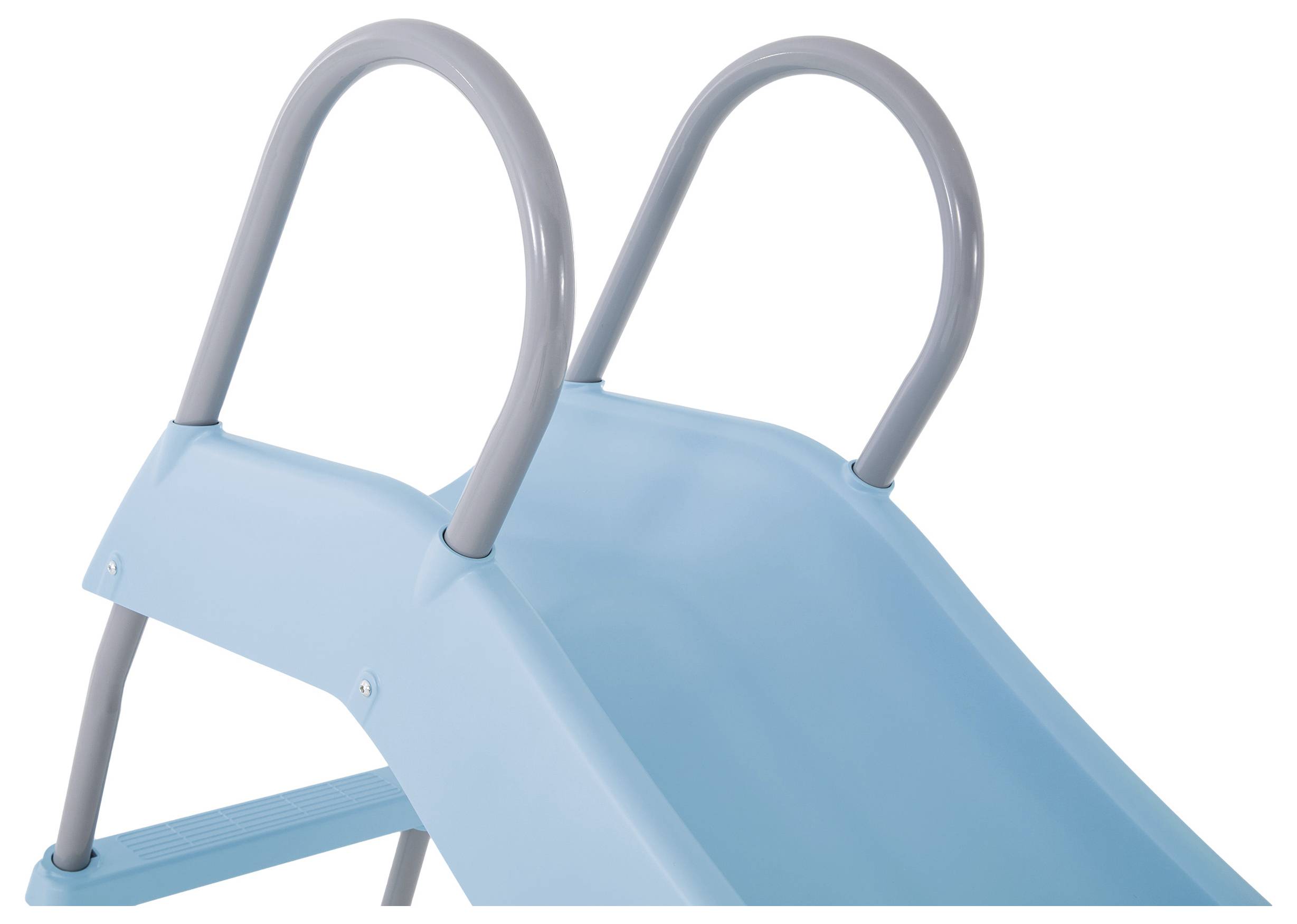 Close-up of a blue slide with grey handles leading downwards.
