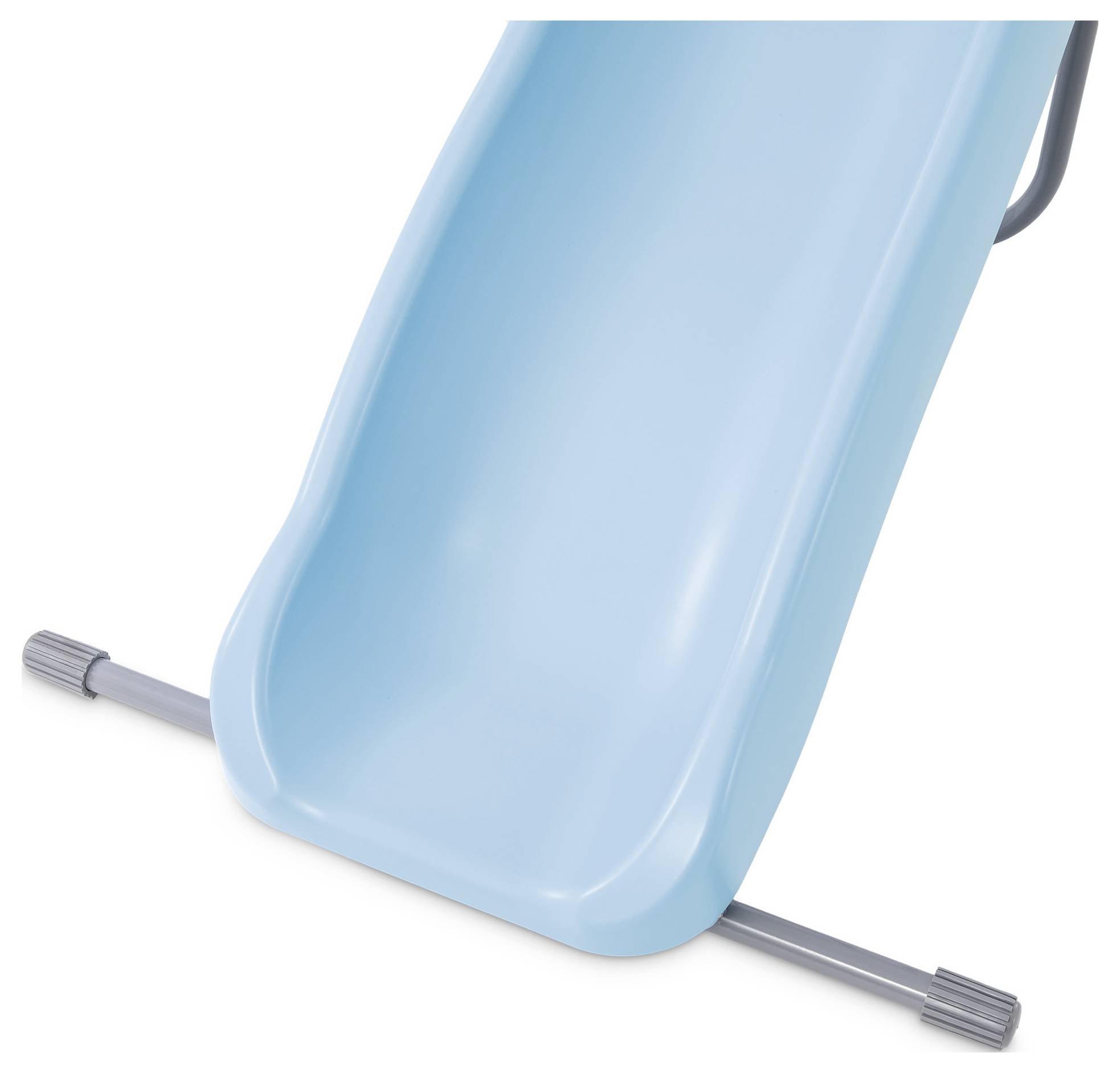 A blue children's slide on grey supports, suitable for indoor or outdoor use.