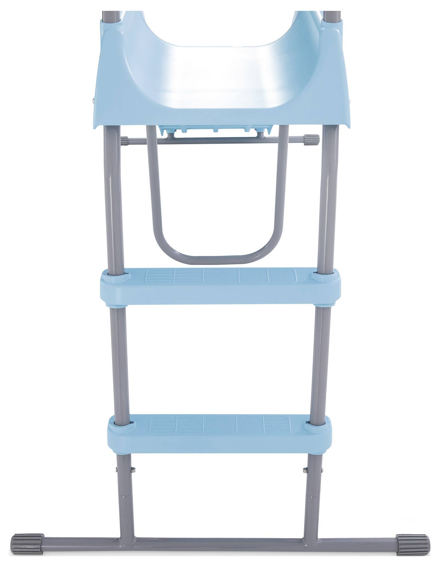A blue, freestanding high chair with two height-adjustable steps and a curved seat. Suitable for children.
