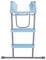 A blue, freestanding high chair with two height-adjustable steps and a curved seat. Suitable for children.