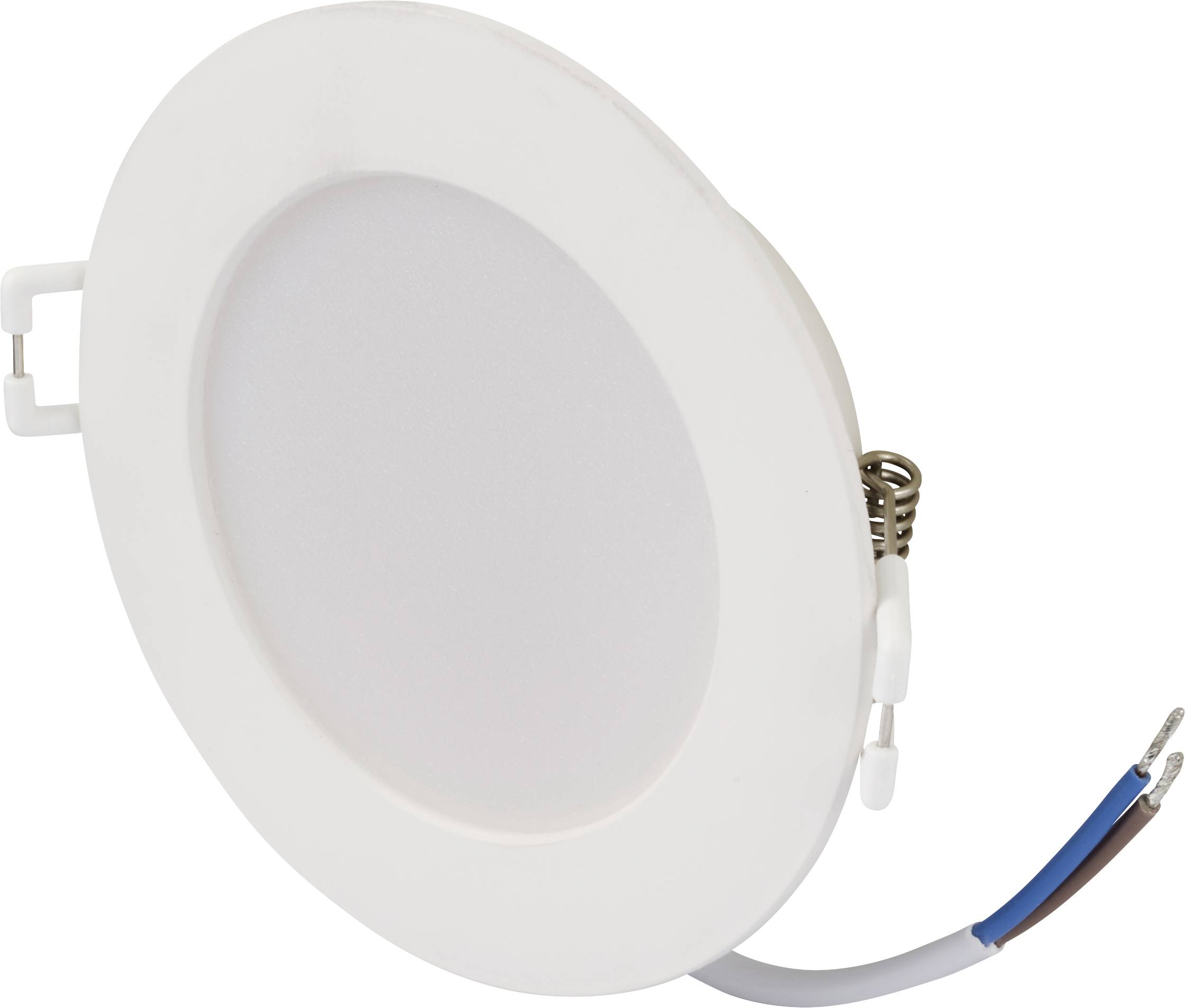 Circular, flat LED light fitting with white frame and attached cable, suitable for installation in ceilings or walls.