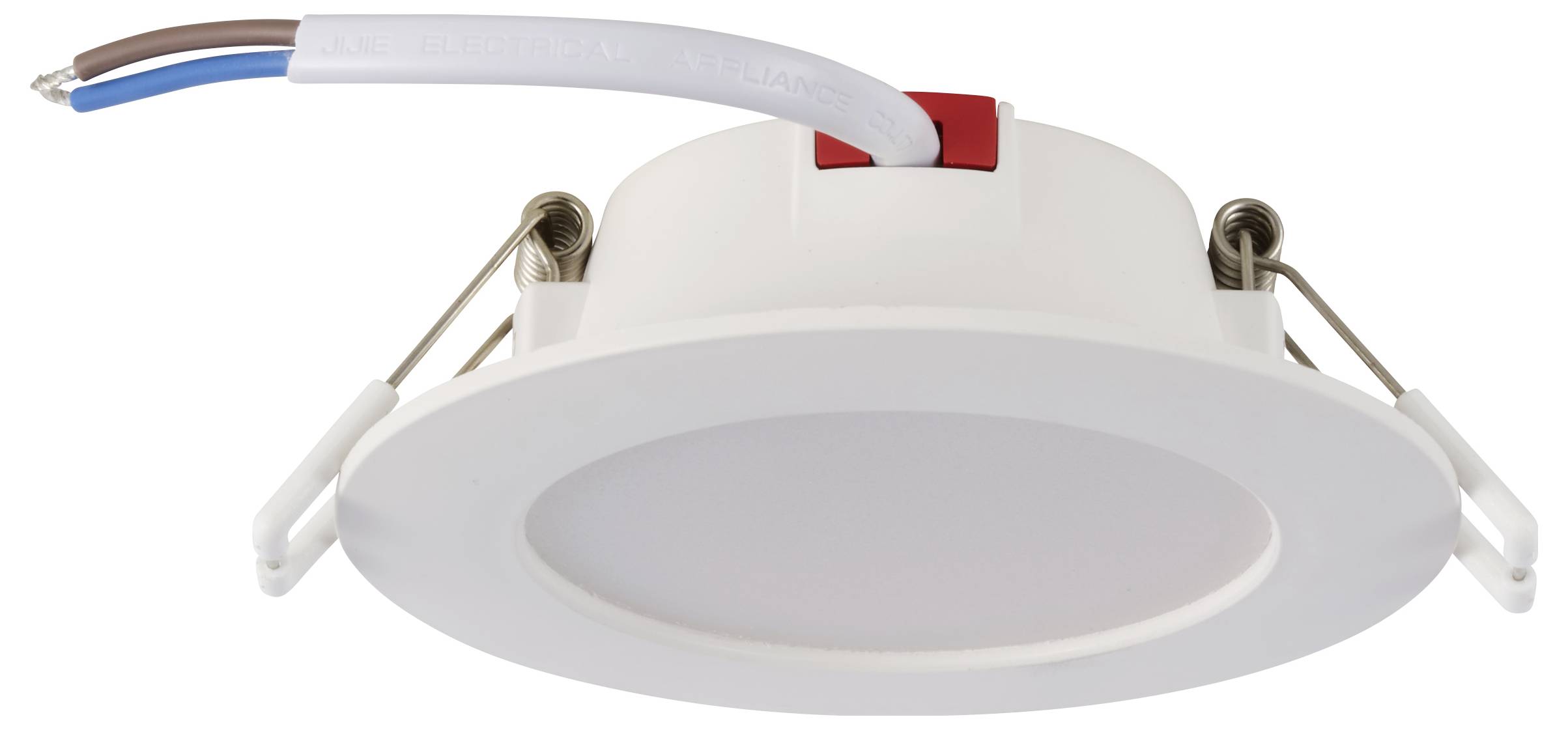 White LED recessed light, round, with two side spring clips and cable, suitable for ceiling mounting in indoor spaces.