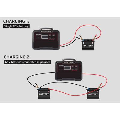Charger Instructions: Above, a 12V battery is being charged. Below, two 12V batteries connected in parallel are being charged simultaneously.