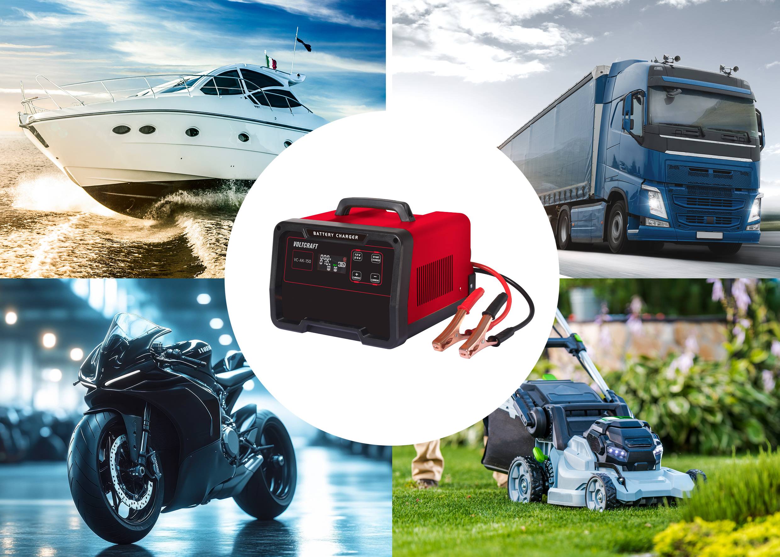 A charger in the centre, surrounded by a boat, lorry, motorbike and lawnmower, demonstrates versatile usage possibilities.