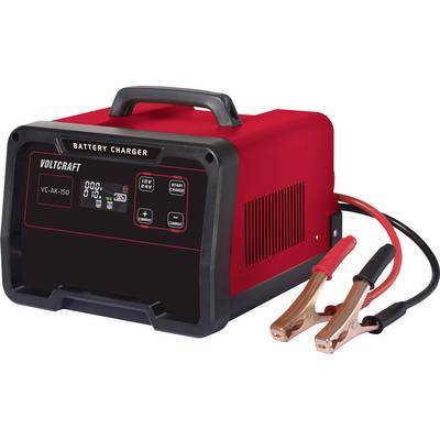 Red battery charger 'Voltcraft VC-AL-150' with digital display, 12V/24V setting and start function, terminals visible.