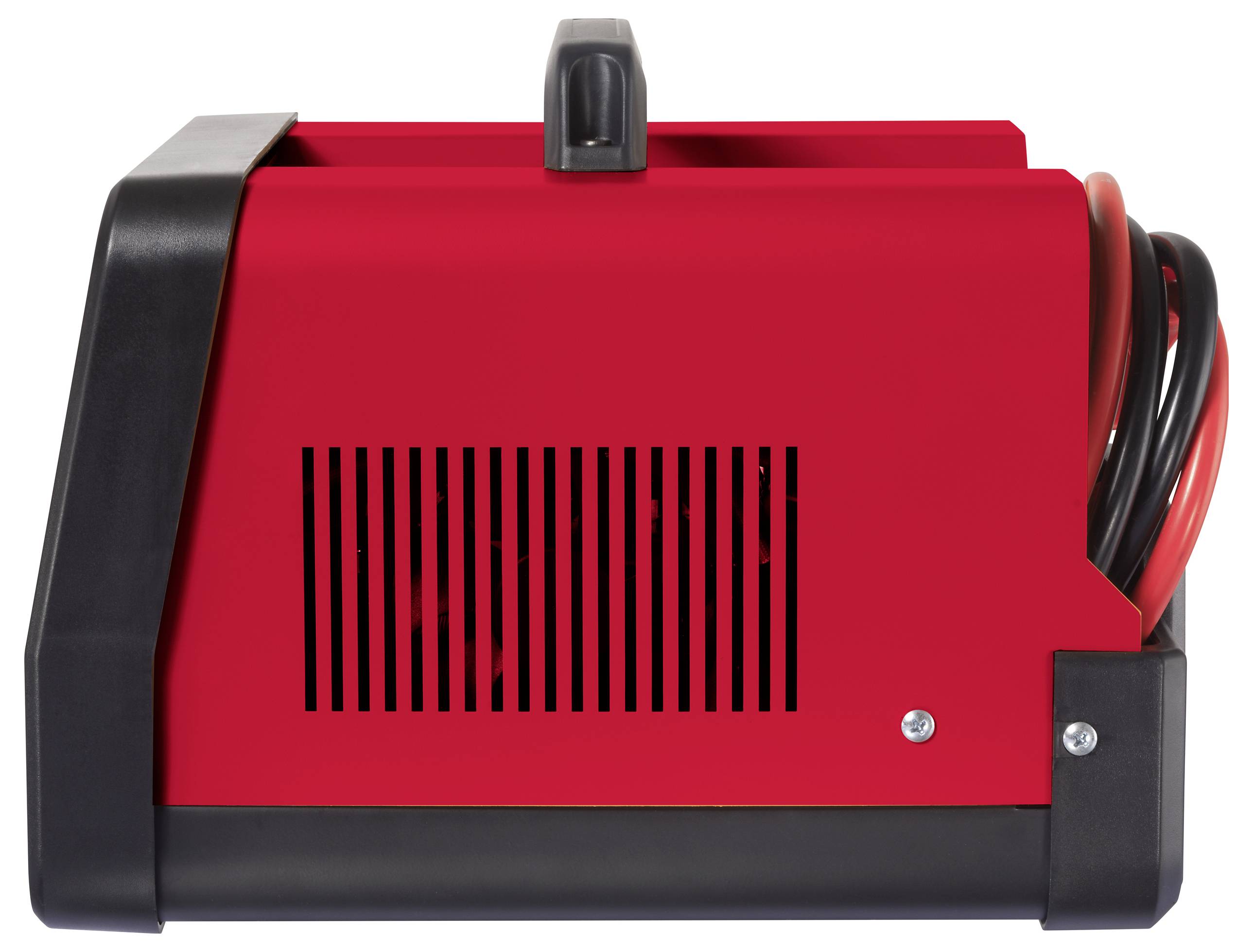 A red battery charger with black cables on the right side, viewed from the side.