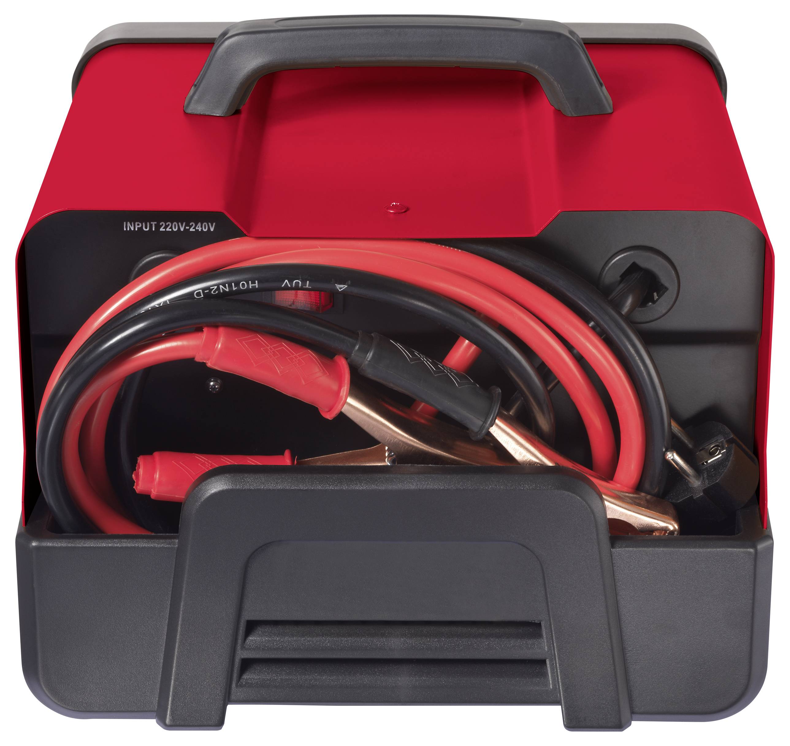 Red battery charger with cables and clamps in storage. Suitable for 220V-240V mains voltage.