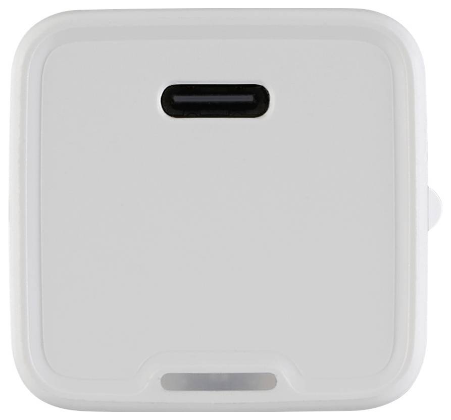 A white square charger with a USB-C port.