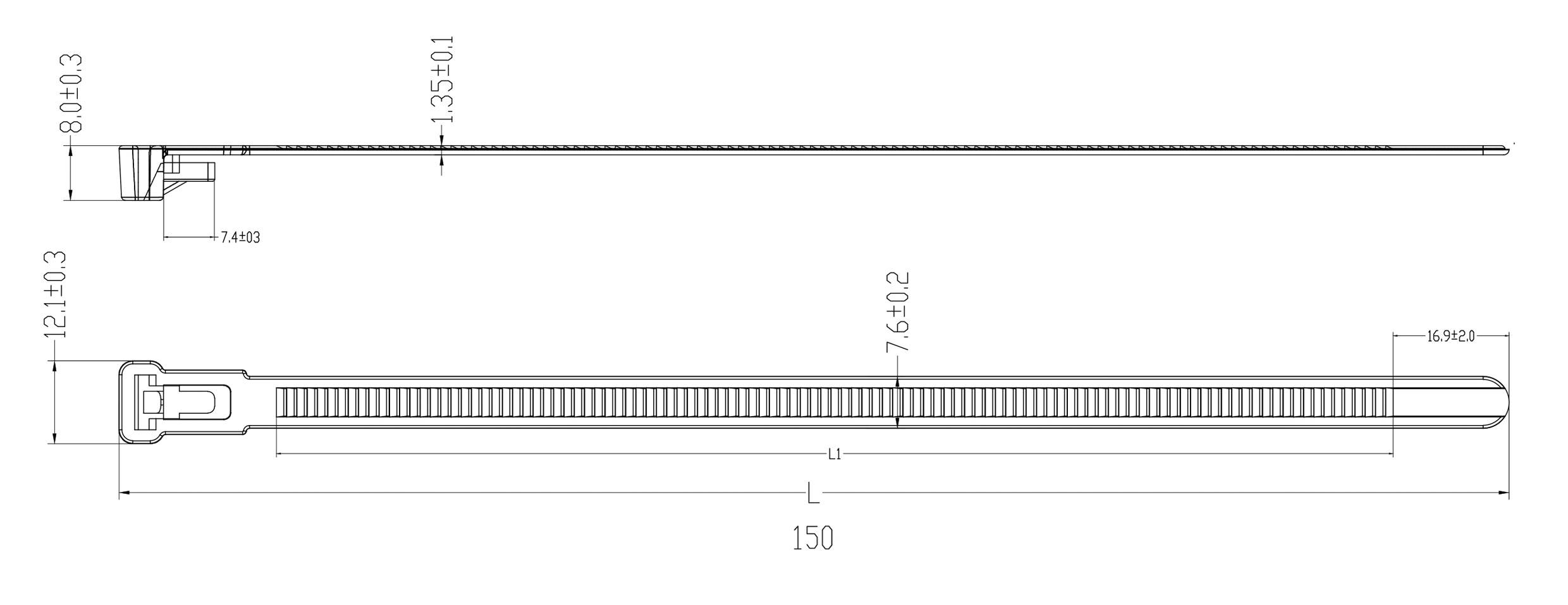 Drawing of a cable tie with dimensions: Length 150 mm, Width 7.6 mm, Height 8 mm. Shows detailed view and complete top view.