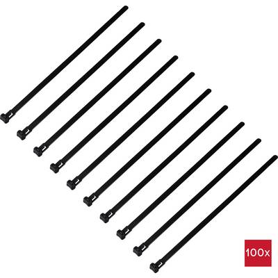 Black cable ties, 10 pieces arranged side by side, on a white background. Red box with '100x' in the corner indicates quantity.