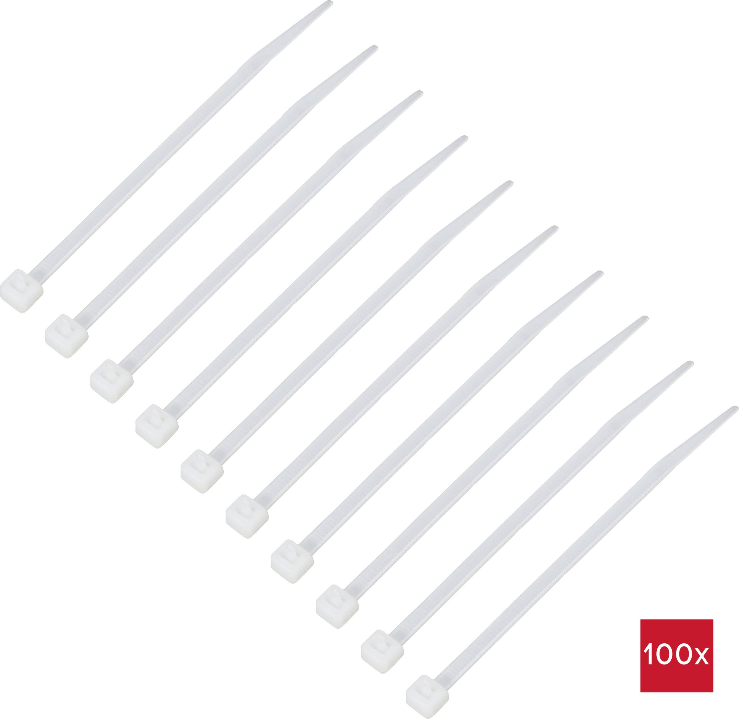 Ten white cable ties lined up side by side in a row. Bottom right, '100x' is written on a red background.