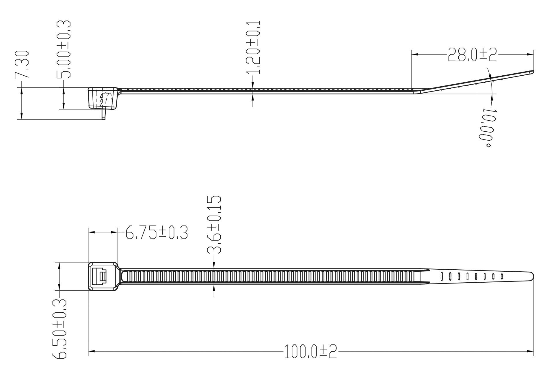 Technical drawing of a cable tie with dimensions: Length 120 mm, Head width 7.3 mm, Strap width 2.8 mm, Tongue spacing 100 mm.
