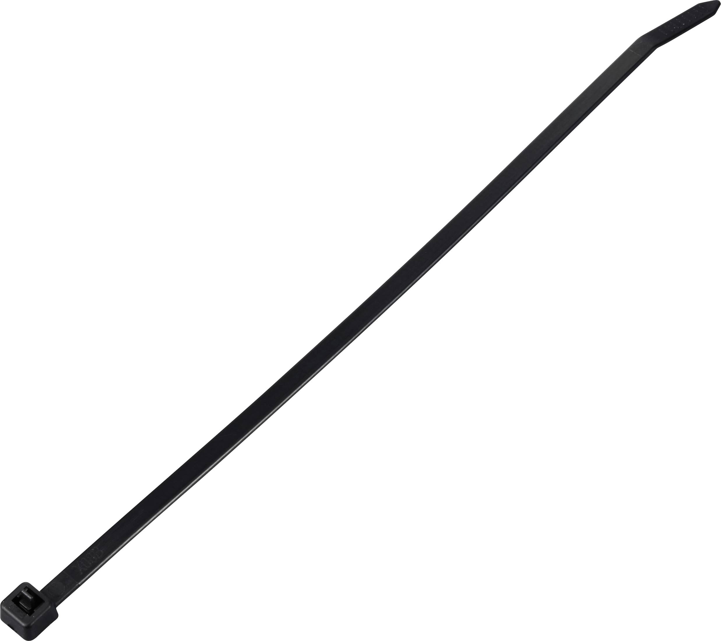 Black cable tie, straight and unused, against a white background. Used for bundling or securing cables and objects.