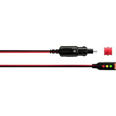 Red and black cable with plug connection and indicator light. Suitable for connecting devices to a power source, such as in a car.