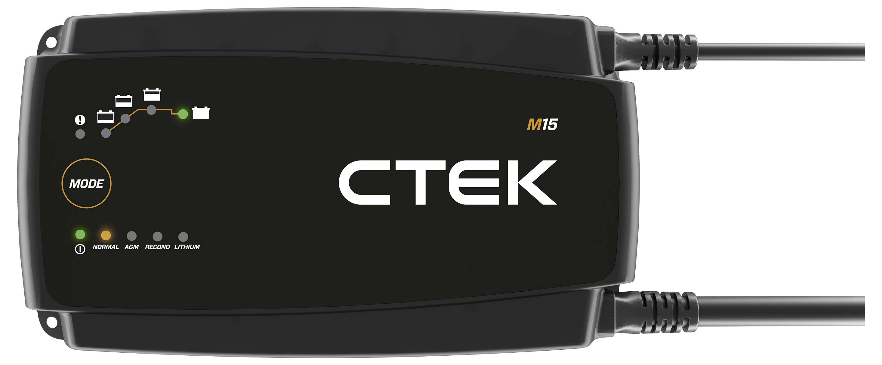 Battery charger with LED indicators for charging status, 'CTEK M15' text visible, connection cables at both ends.