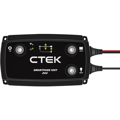 Black charger box with the inscription 'CTEK SMARTPASS 120T 24V', showing connections for inputs ('+IN', '-IN') and outputs ('+OUT', '-OUT').