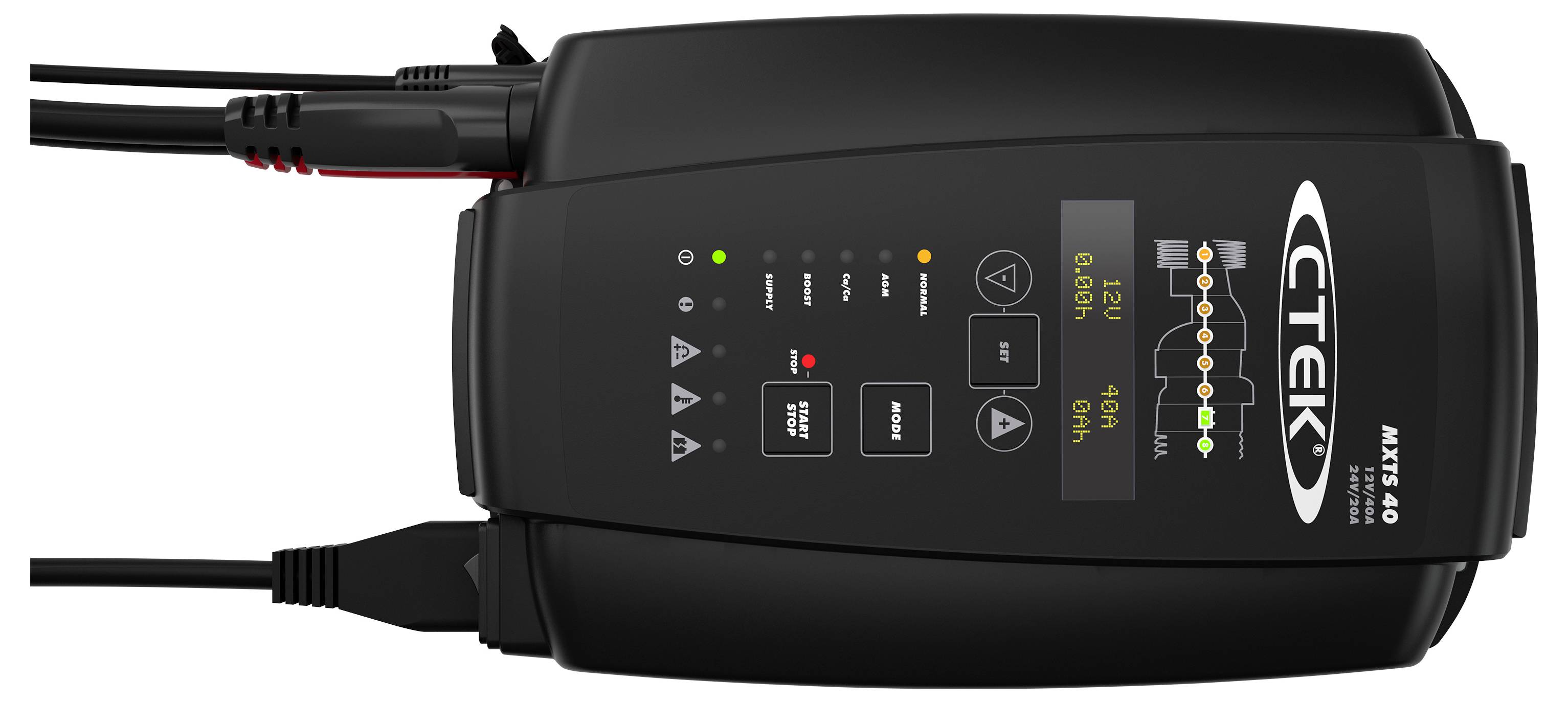 Battery Charger CTEK MXS 10. Features LED display for voltage and charging status. Includes multiple modes and safety instructions.