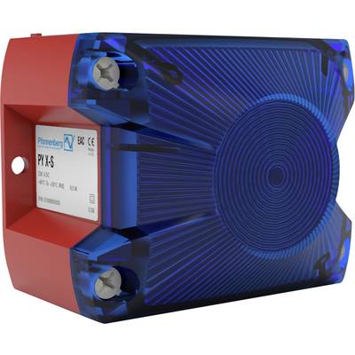 An electronic device with a red and blue casing, marked with 'PY X-S' and specifications. Mounting screws are visible on the left side.