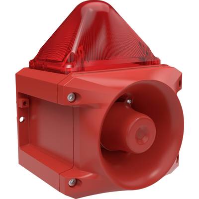 Red warning signal device with siren and illuminated attachment, typically used in emergencies for alerting via sound and light.
