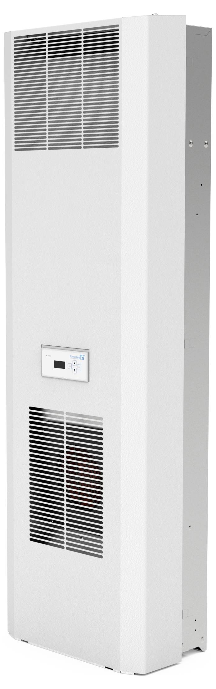 A white, rectangular radiator with ventilation slots and a digital control area in the centre.